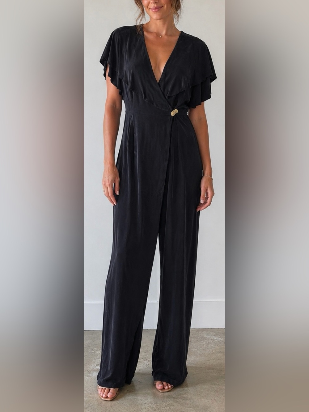 Beau David Vintage Charcoal Gray Sueded Rayon Ruffle Wide Leg Jumpsuit Size 8